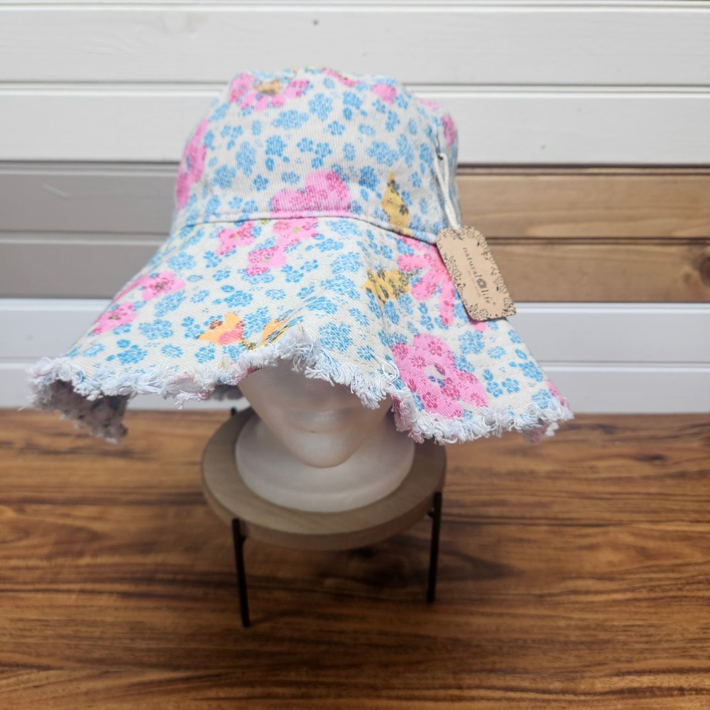Natural Life Floral Bucket Hat Pink Blue Yellow Frayed Edge Sun Hat NWT
